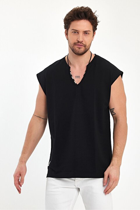 PELİTİSS 2 iplik sıfır kol derin V yaka tişort rahat kesim oversize