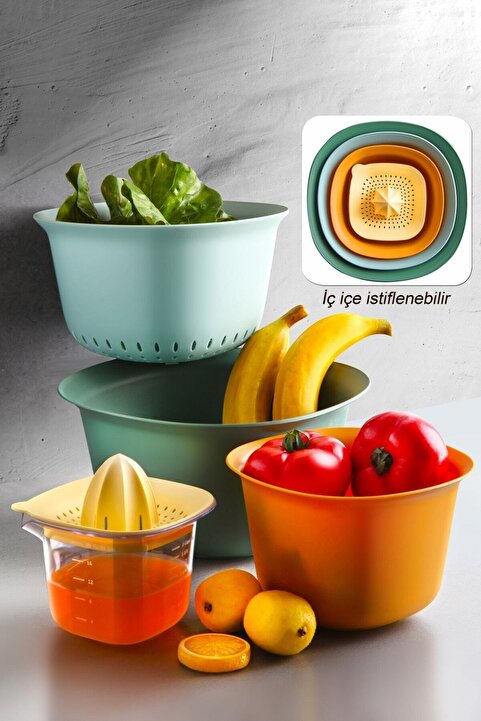 Kitchen Life 5'li Aura Profesyonel Hazırlık Seti - Karıştrıma Kasesi Süzgeç Limon Sıkacağı Seti - Süzgeci 3200 Ml