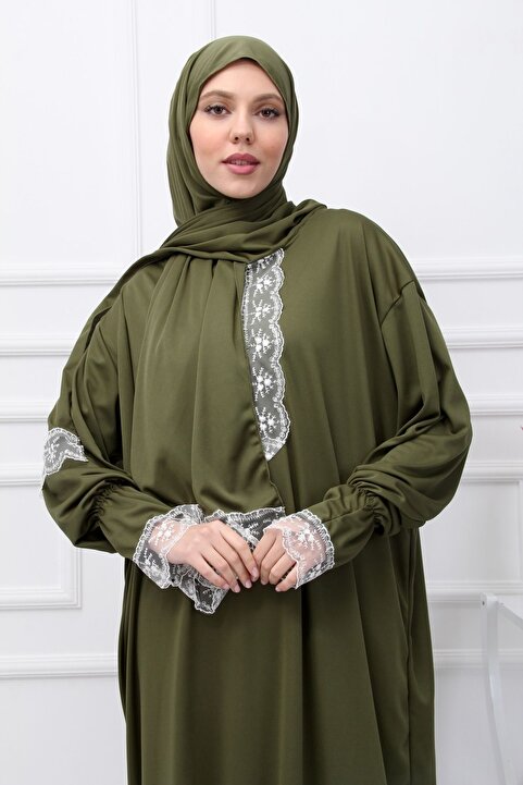 Kutay Collection Kadın Kendinden Şallı Namaz Elbisesi Haki