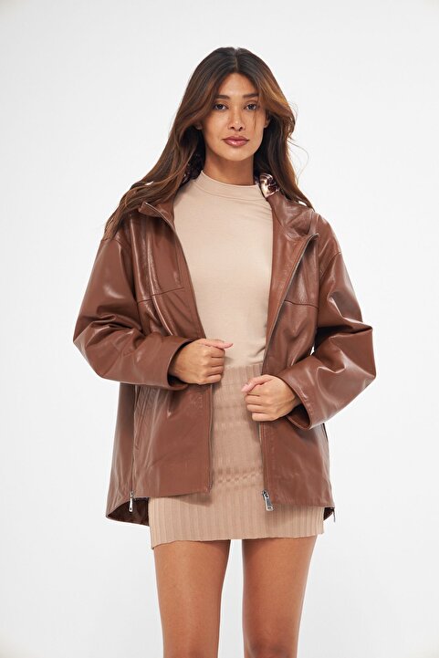 gorgitino Kadın Hakiki Deri Taba Renk ceket Kapşonlu model oversize