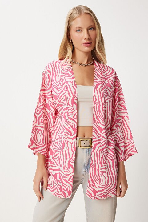 Happiness İstanbul Kadın Pembe Desenli Viskon Kimono EN00615
