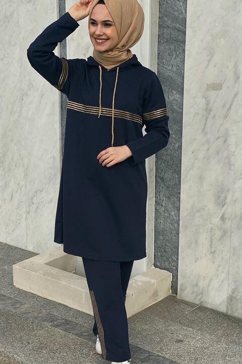 CNG MODA Kadın KapÜşonlu Sim Şeritli Eşofman Takımı Lacivert