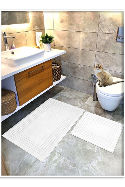 Cotton Crafty Pamuk Dokuma, Su Emici, Banyo Paspas Seti, Banyo Halısı Vera 2'li Klozet Takım 60x100-60x50 BEYAZ