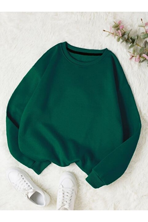 Know Kadın 3 Iplik Nefti Yeşil Düz Bisiklet Yaka Sweatshirt