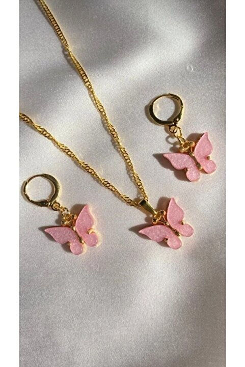 Gizemli Aksesuar Kadın Pembe Renk Kelebek Kolye Ve Küpe Set