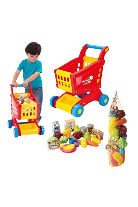 SAZE Bahçe Tekerlekli Market Arabası&filede Meyve Sebze Evcilik Alışveriş Oyun Seti 16 Parça