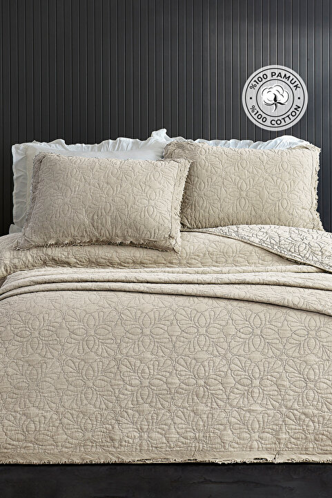 Evlen Home Collection %100 Pamuk Çift Kişilik Pike Takımı Özel Taş Yıkama Yatak Örtüsü Yumuşak Modern Rabio Bej