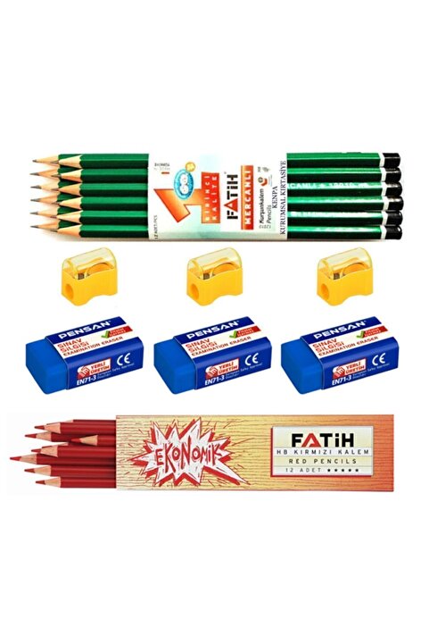 Fatih 12'li Mercanlı Kurşun Kalem 12'li Kırmızı Kopya Kalemi 3 Sınav Silgisi 3 Kalem Açacağı Set