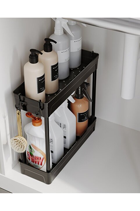 ATA HOME Rafata Çok Amaçlı 2 Katlı Evye Altı Düzenleyicisi Askılı Banyo Düzenleyici Kaydırmaz Tabanlı