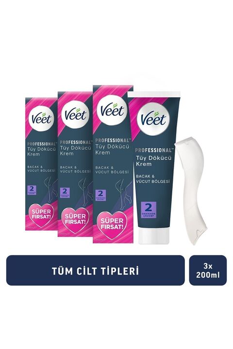 Veet Professional Tüy Dökücü Krem Bacak & Vücut Bölgesi Tüm Cilt Tipleri için 600ml (200ml x 3 Adet)