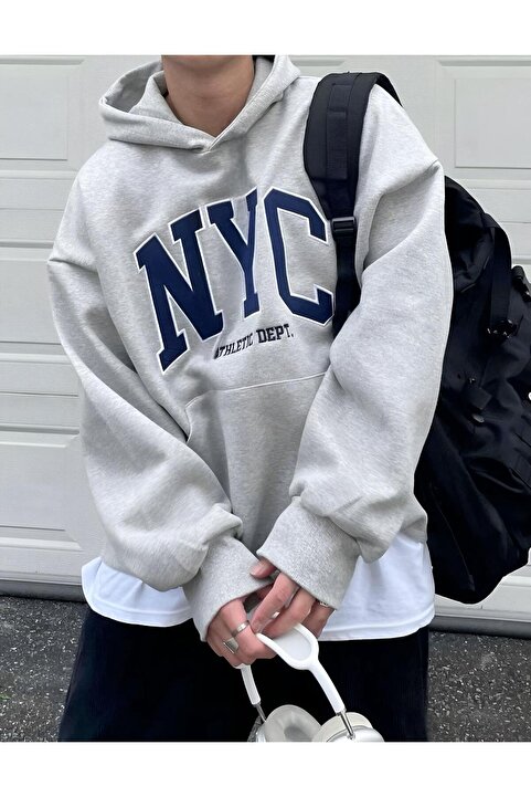 trendgar NYC Baskılı Kapsolu Grı Sweatshırt hodie