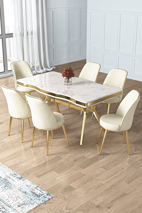Canisa Concept Prah Serisi 90x160 Lak Panel Beyaz Mermer Desen Gold Ayak Masa Takımı 6 Krem Sandalye