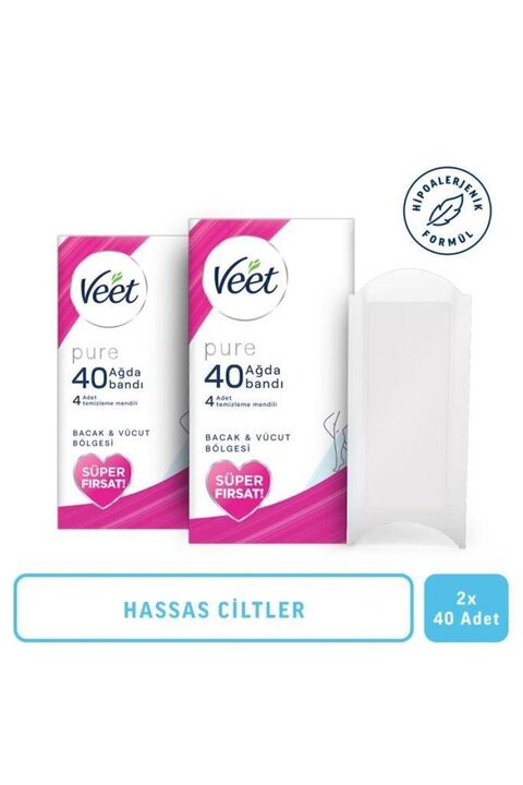 Veet Pure Hipoalerjenik Ağda Bandı Hassas Ciltler Bacak&Vücut Bölgesi 80'li Süper Fırsat Paket (40x2)
