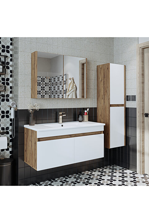 ROOMART '' Lavabolu '' Atlantik-beyaz Mat Mdf 100 Cm Banyo Alt Dolap + Aynalı Üst Dolap + Boy Dolap