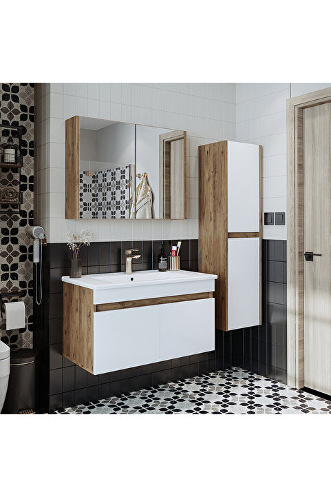 ROOMART '' Lavabolu '' Atlantik-beyaz Mat Mdf 85 Cm Banyo Alt Dolap + Aynalı Üst Dolap + Boy Dolap