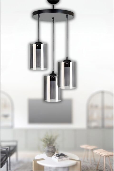 retro home design Rulo Modern 3'lü Füme Mika Camlı Mutfak Hol Sarkıt Avize