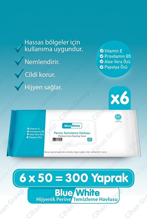 Bluewhite Hijyenik Perine Temizleme Havlusu 50'li 6 Paket