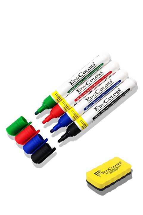 EDU COLORS Doldurulabilir Beyaz Tahta Kalemi Edu 4'lü Paket Ve Silgi