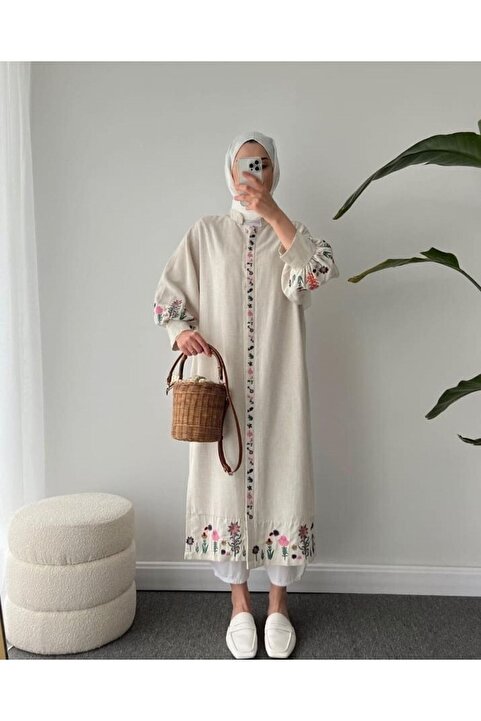 Lavanta Tekstil Nakış Işlemeli Tesettür Kimono Elbise Bej Keten