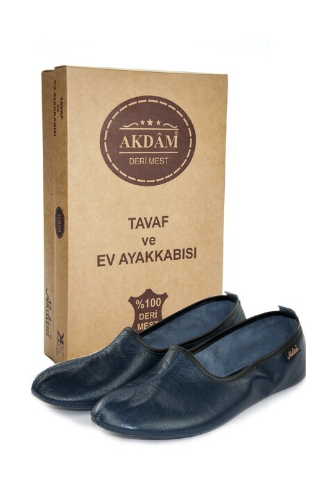 Akdam %100 Deri Hac Umre Tavaf Patiği Ve Ev Ayakkabısı Lacivert