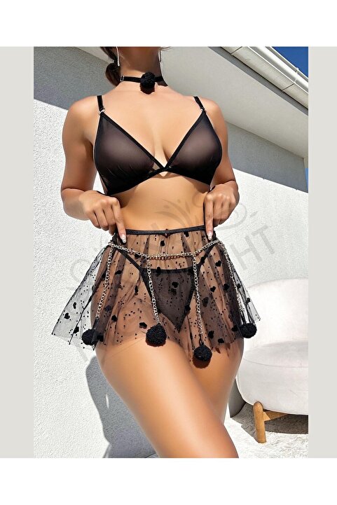 İntive Lingerie Kadın Siyah Transparan Ponpon Zincirli Sütyen Etek Tanga Takım- 3617