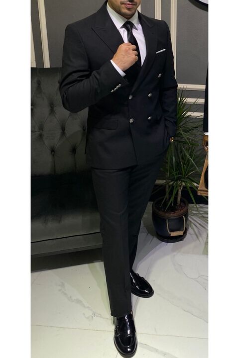 terzi ayhan Siyah Slim Fit Kemik Düğme Kruvaze Takım Elbise –SlimFit 1 beden büyük tercih ediniz.