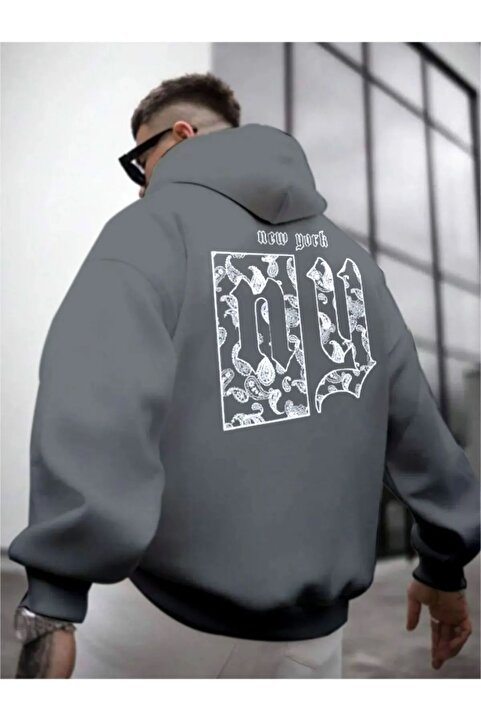 Altamira Erkek Duman Gri Oversize Sırtı NY Baskılı Kapüşonlu Organik Pamuklu Kanguru Cepli Sweatshirt