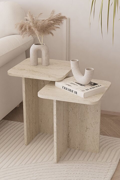 OBİ Atölye Kare Zigon Sehpa Takımı, 2 li Set, Yan Sehpa - Traverten Desen