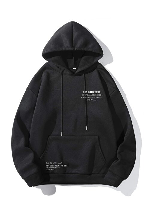 Altamira Unisex Siyah Happiest Baskılı Oversize Kapşonlu Sweatshirt