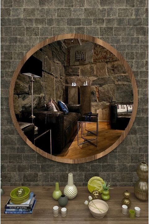 SUEL HOUSE Suel Hause Dekoratif Yuvarlak Antre Hol Koridor Duvar Salon Mutfak Banyo Wc Ofis Aynası 60cm