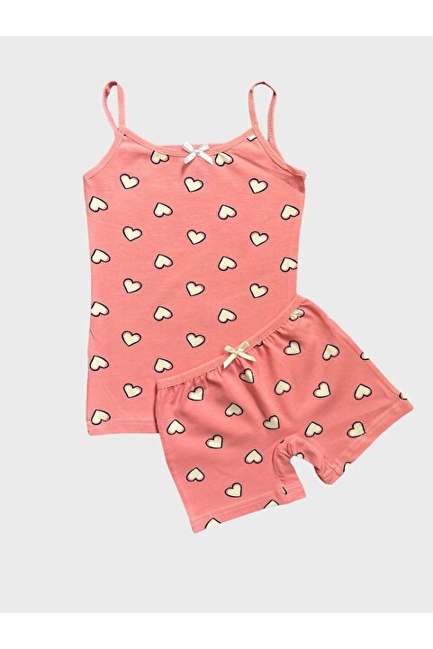 elmas kids Kız Çocuk Pamuklu Kalp Desenli Pembe Atlet Boxer Takımı
