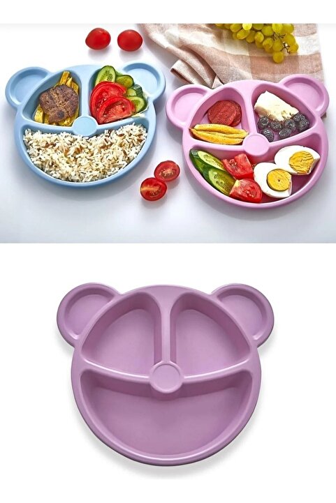 Genel Markalar Pembe Ayıcık Şekilli Mama Ve Yemek Tabağı Silikonlu Plastik