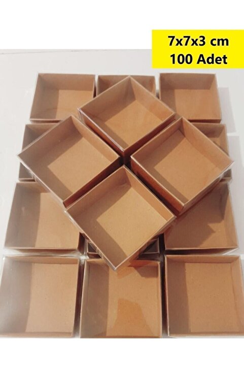 Modern Box 7x7x3 Cm Asetat Kapaklı Kraft Kutu Düğün Nişan Kına Hediyelik Kutu 100 Adet