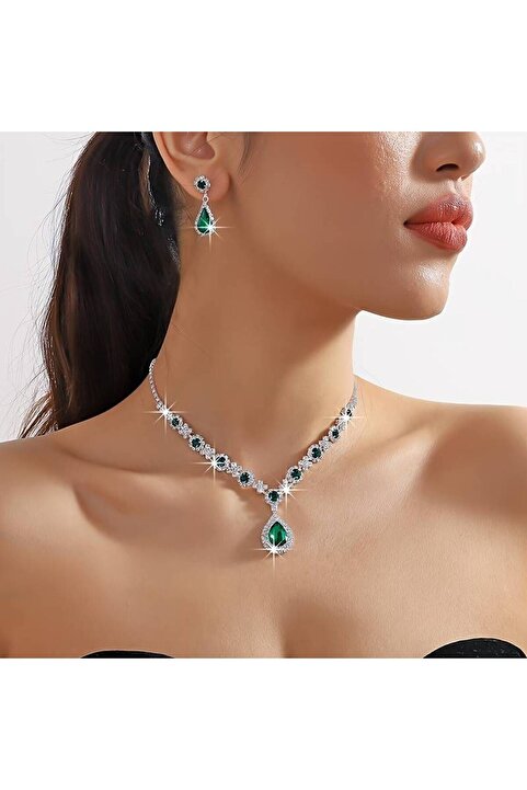 Estilo Lingerie Yeşil Kristal Taşlı Kolye Ve Küpe Seti Özel Günler Seti Düğün Seti Nişan Abiye Seti Gelin Takısı
