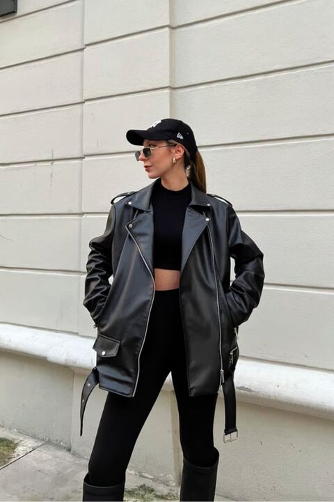buqre's moda Oversize Kadın Uzun Biker Deri Ceket