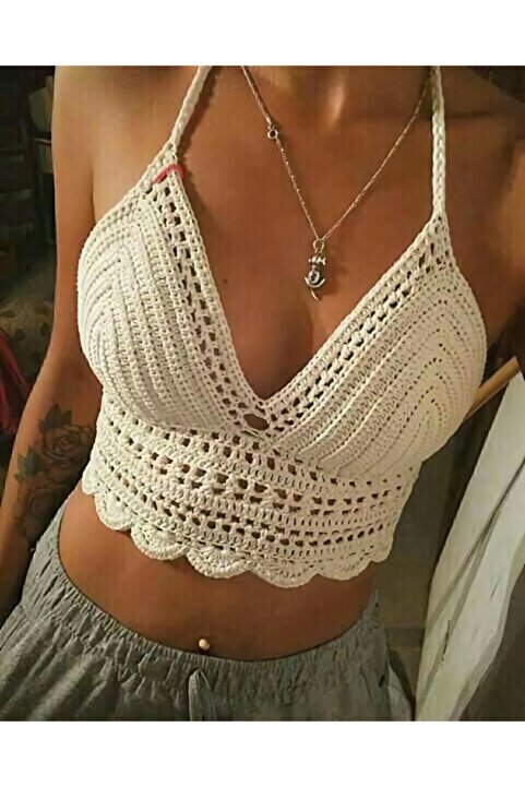 Genel Markalar Kırık Beyaz El Örgüsü Crop Büstiyer Bikini Üstü Sık Iğne Iç Göstermez XS beden Yaz Modası