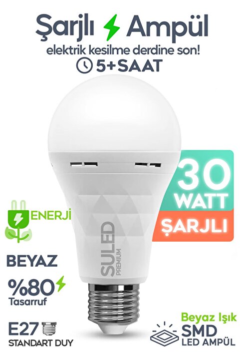 SULED Şarjlı Ampül 30w Ultra Acil Durum & Kamp Işığı 220v Beyaz E27 Duy Otomatik %80 Tasarruflu