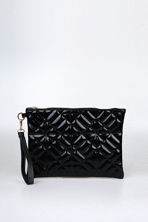 Bagfoni Kadın Siyah Rugan Geometrik Desenli Portföy Clutch El Çantası