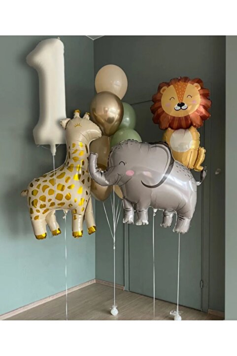 Çemrek Süs Parti Bej Krem Rakam Balon Soft Kahve Renkler Zürafa Aslan Fil Set 1 Yaş Balon Seti 14 Parça