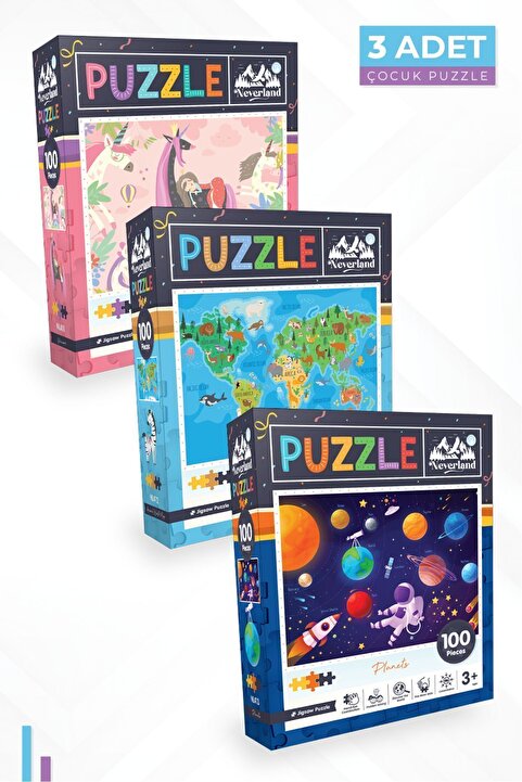 Neverland 3'lü Çocuk Puzzle - 100 Parça Unıcorn Ve Hayvan Dünya Haritası Ve Gezegenler