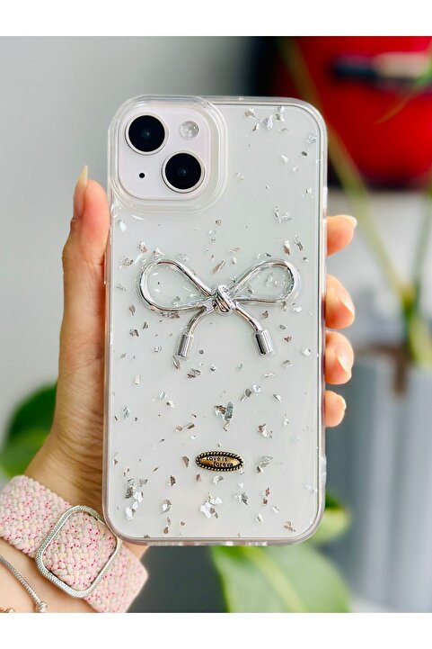 Go Aksesuar Apple Iphone 13 - 14 - 15 Uyumlu Şeffaf Simli Kurdele Epoksili Telefon Kılıfı