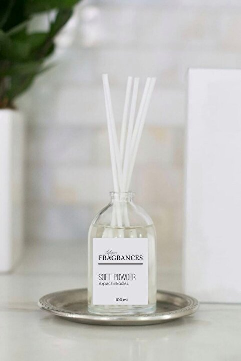 LALEZEN HOME Pudra Kokusu Şeffaf Şişe Beyaz Bambu Çubuklu 100 Ml