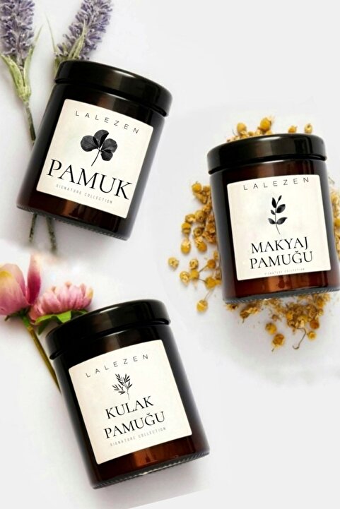 LALEZEN HOME Kulak Pamugu - Makyaj Pamuğu - Pamuk Etiketli Plastik Amber Kavanoz Banyo Düzenleyici