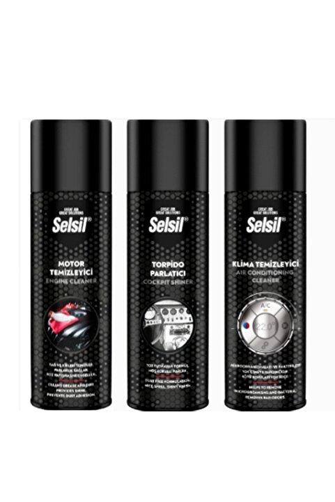 Selsil Motor Temizleme Spreyi 200 ml  Torpido Parlatıcı 200 ml Klima Temizleyici 150 ml