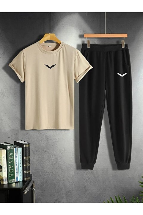 Genel Markalar Bej T-shirt Siyah Eşofman Altı Jogger- Baskılı Alt Üst Eşofman Takım Oversize Bisiklet Yaka