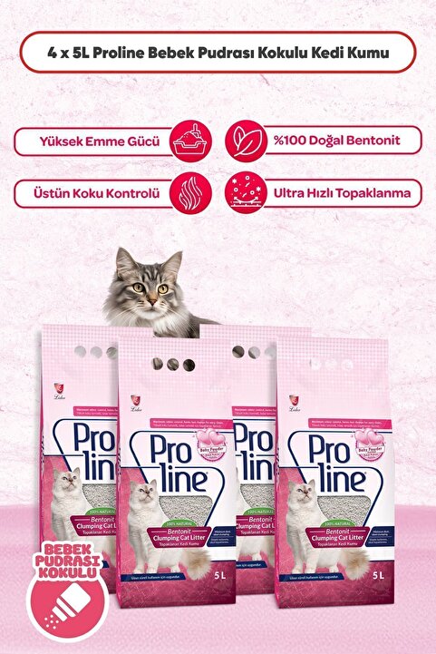 Proline Prolıne Bebek Pudrası Kokulu Bentonıt Kedi Kumu 5 lt X 4 Adet