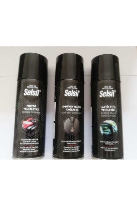 Selsil Motor Temizleme Spreyi 200 Ml- Emniyet Kemeri Yağlayıcı 200 Ml - Lastik Fitil Yenileme Spreyi 200 Ml