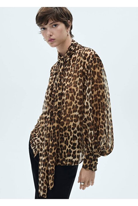 MANGO Bağ detaylı leopar desenli bluz