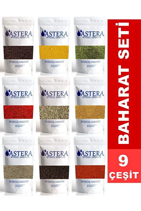 ASTERA 9 Çeşit Lüx Baharat Seti Sumak Köri Nane Pulbiber Kekik Kimyon Karabiber Isot Toz Biber