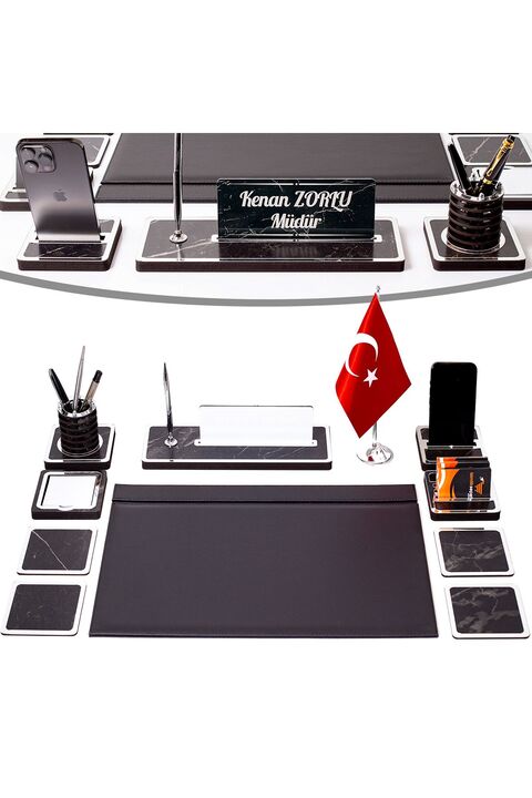 isimliksepeti 11 Parça Türk Bayraklı Mermer Desen Ahşap Sümen Takımı Masa İsimliği Deri Sümen Seti - Gümüş